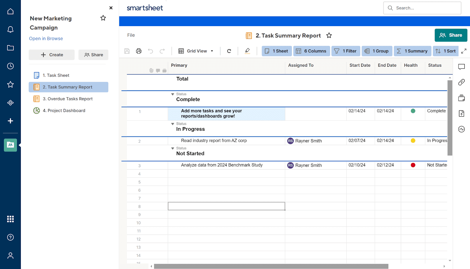 Screenshot of a task summary report in Smartsheet's interface