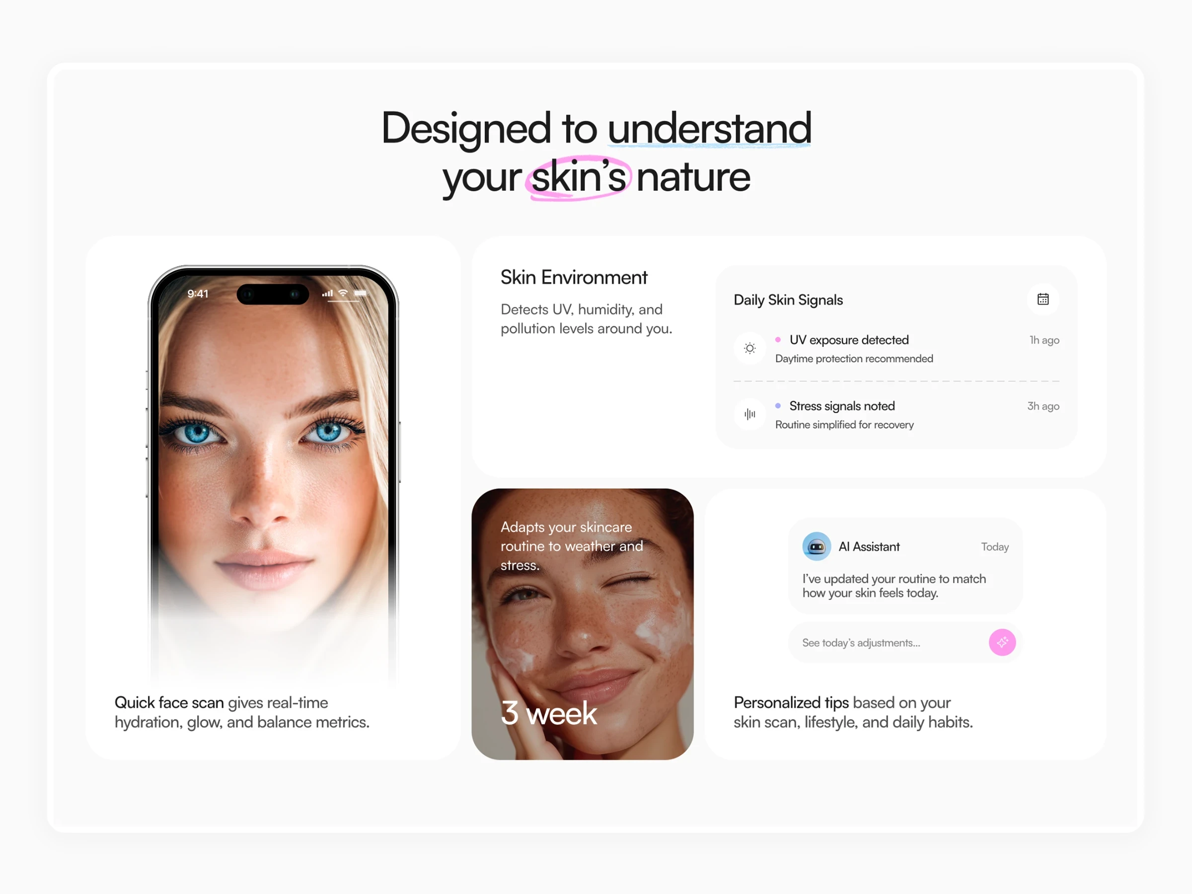 Beauty and wellness website template with adaptive skincare features and app screens.