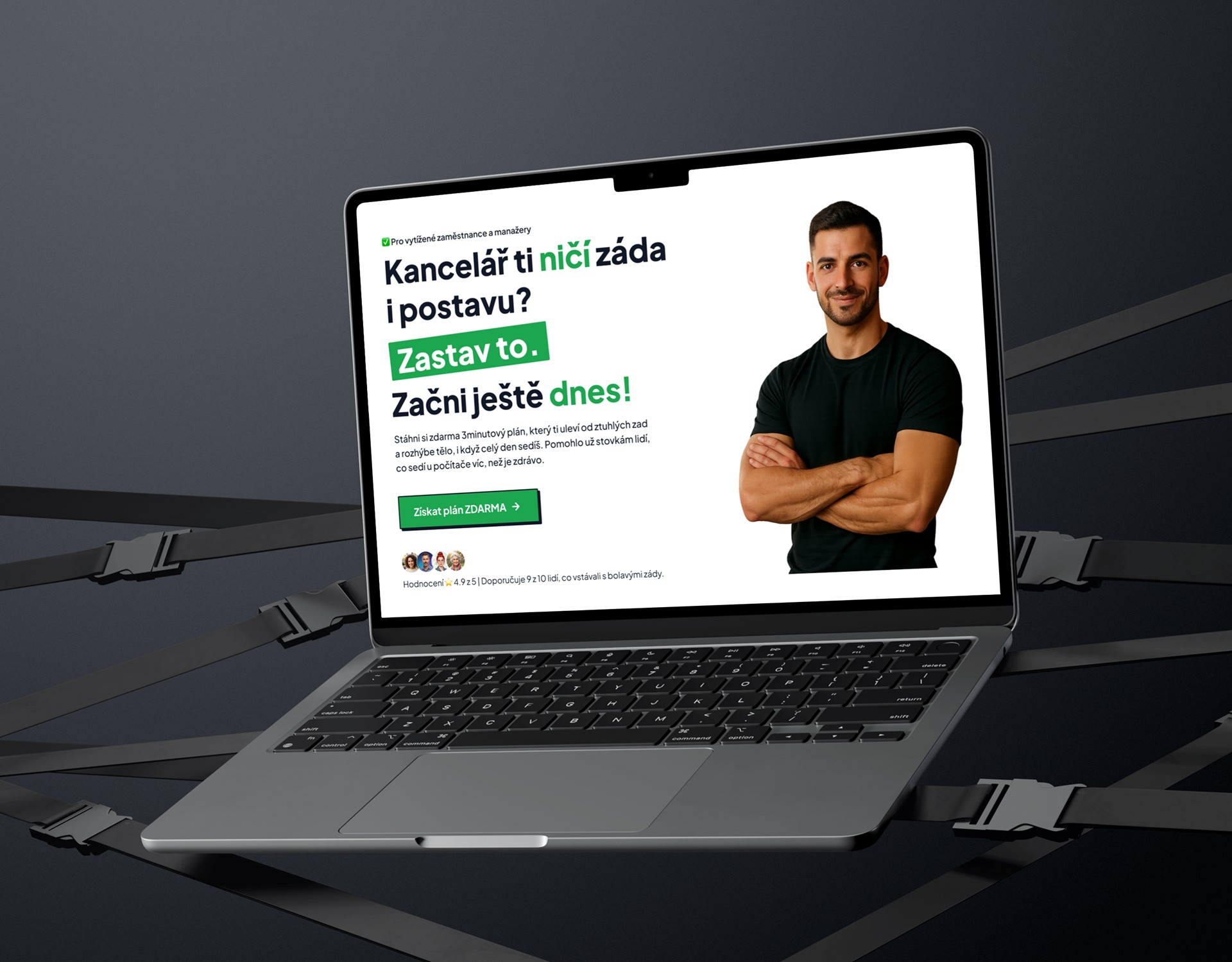 Hlavní náhled landing page Fitness Novotný — úvodní hero sekce zobrazená na notebooku.