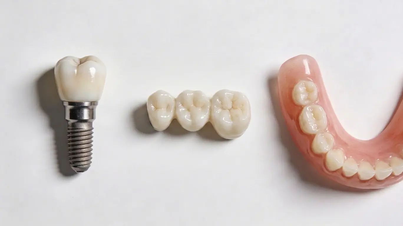 Fogászati implantátum, foghíd és részleges fogpótlás összehasonlítva fehér háttéren