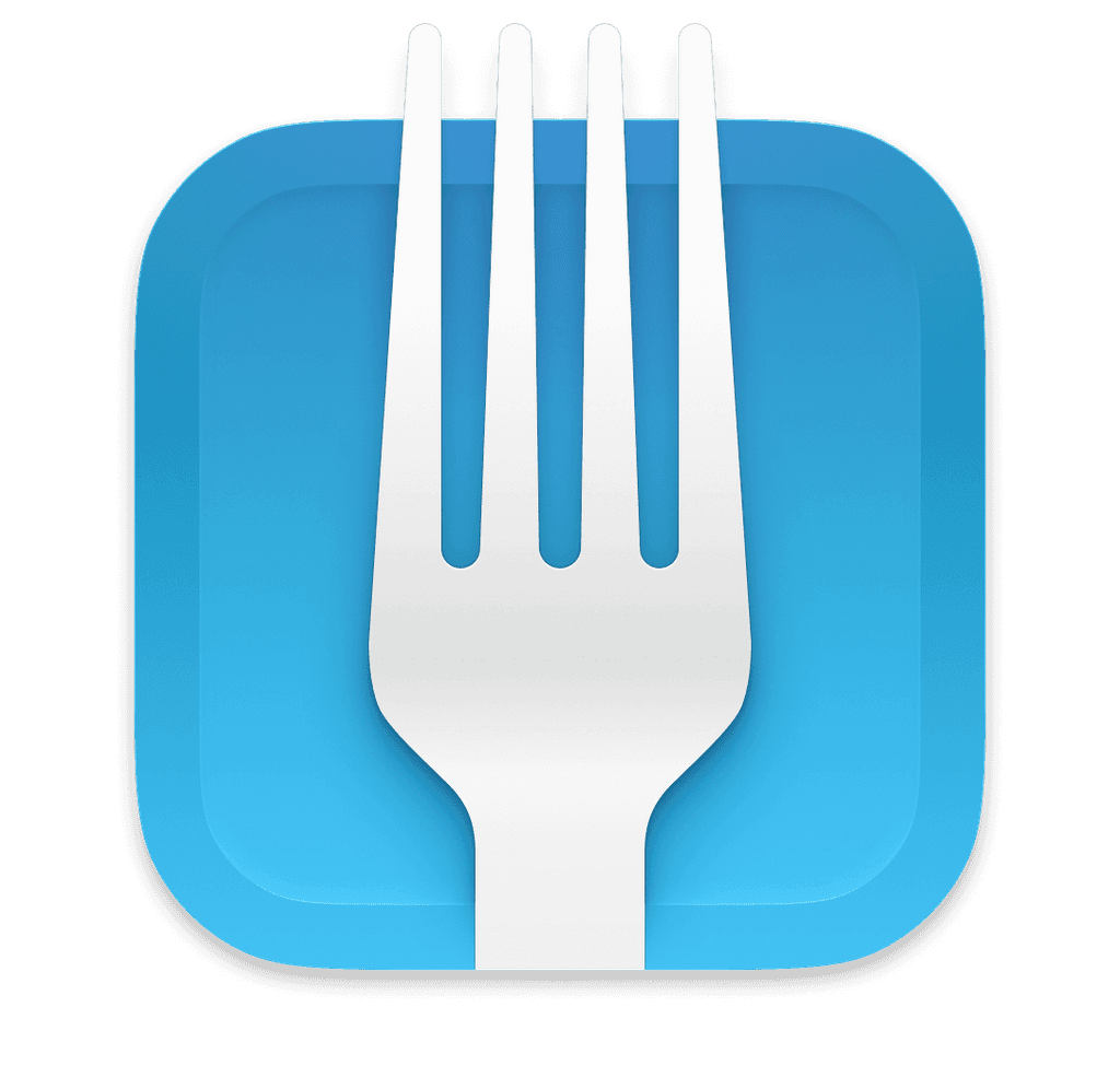 Stylized icon of a fork on a rounded square background