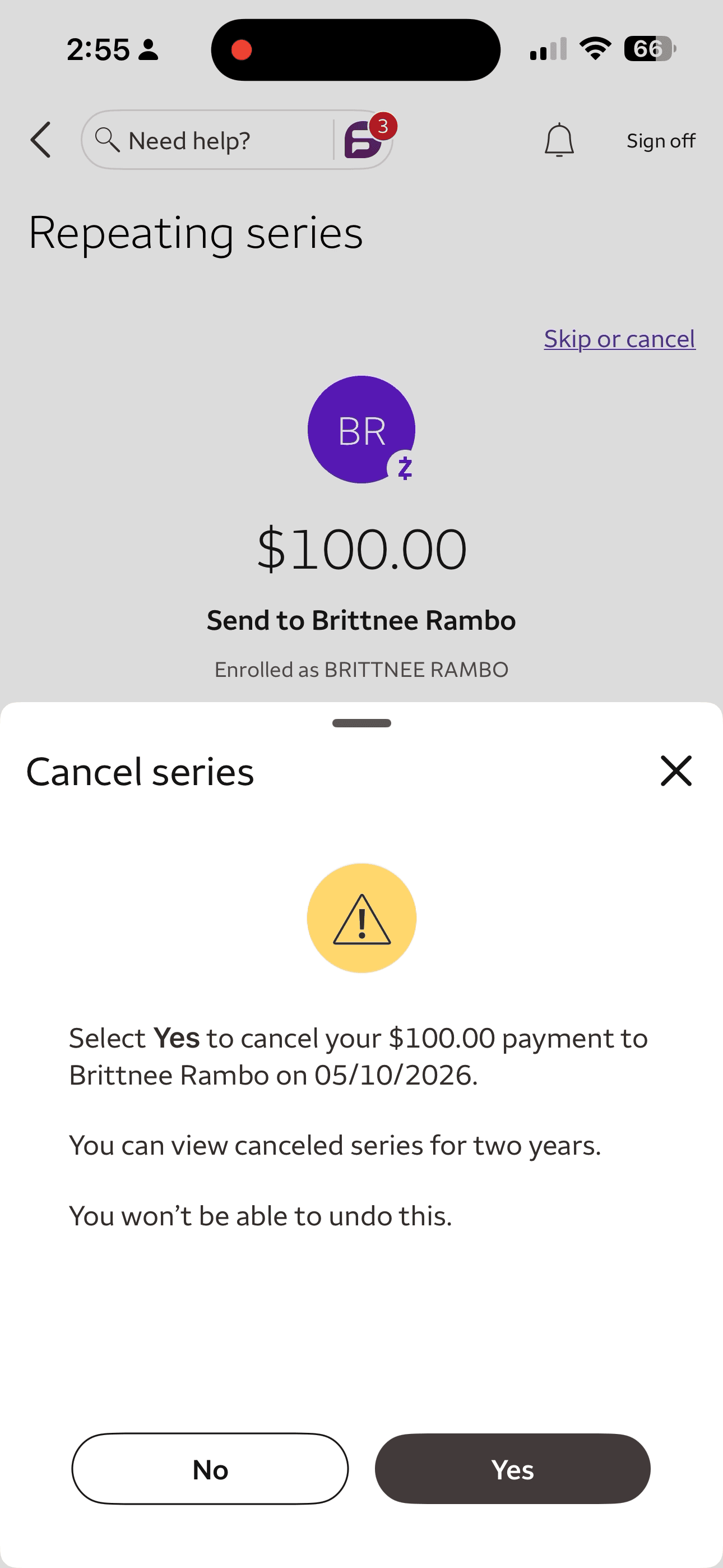 Cancel payment flow screen 3