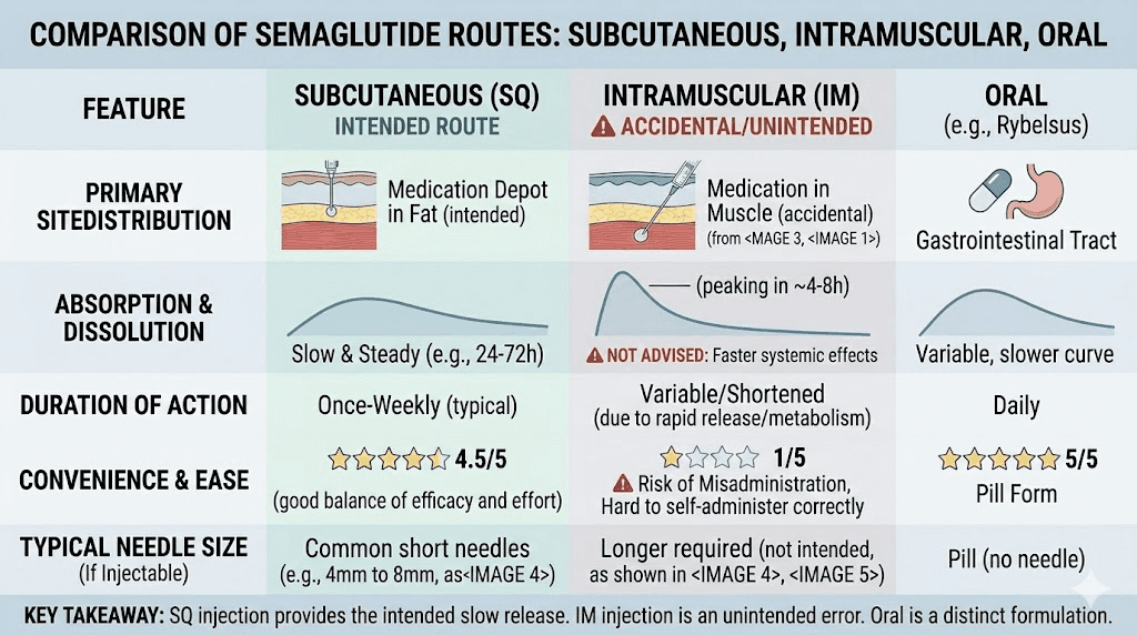 Semaglutide delivery routes comparison chart showing subcutaneous intramuscular and oral options