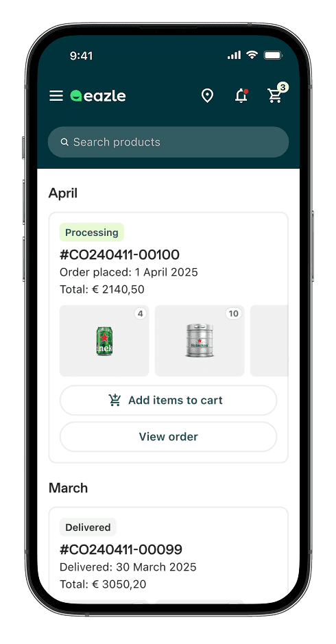 Mobile app showing previous orders