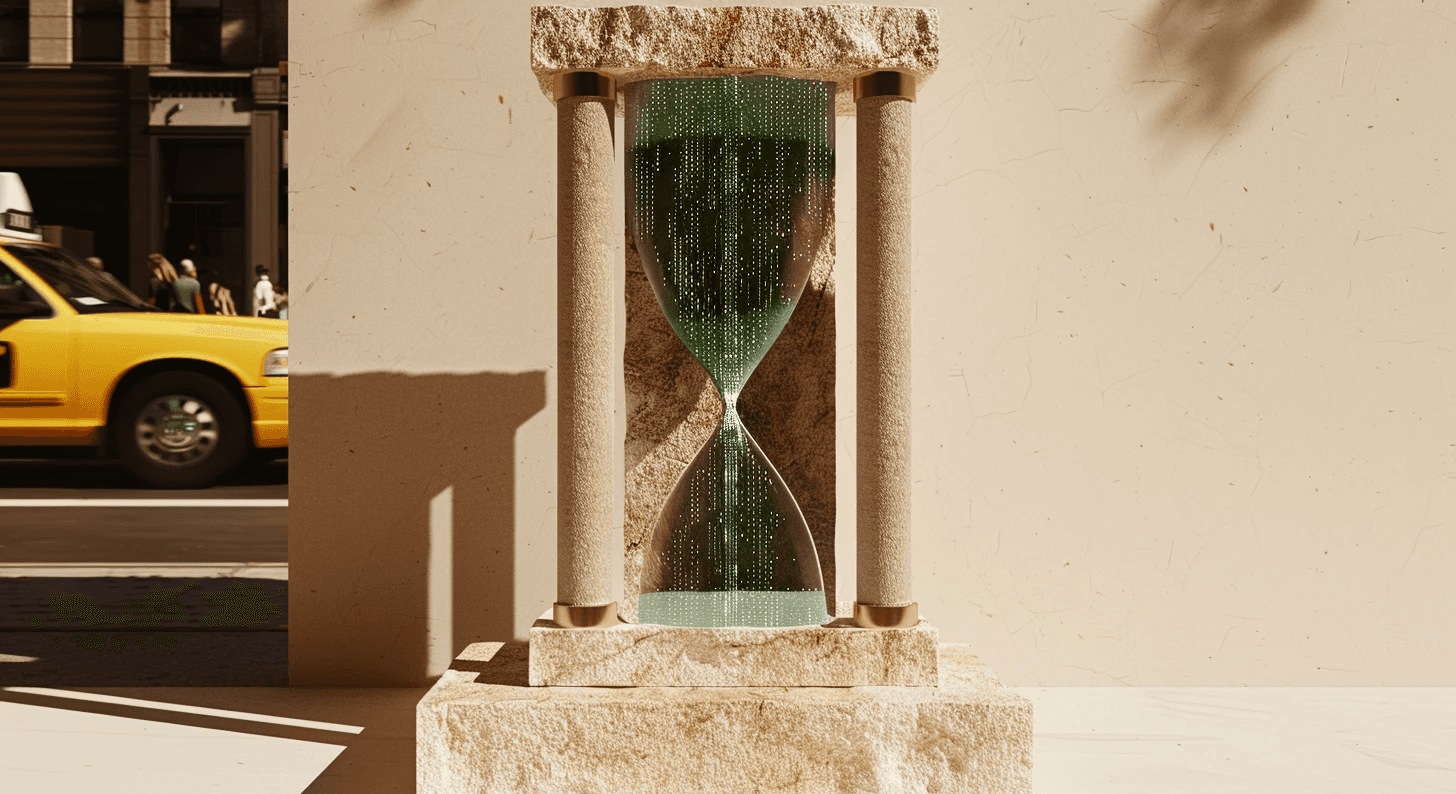 A stone hourglass with green digital data flowing like sand, symbolizing efficient time management for a digital product,.