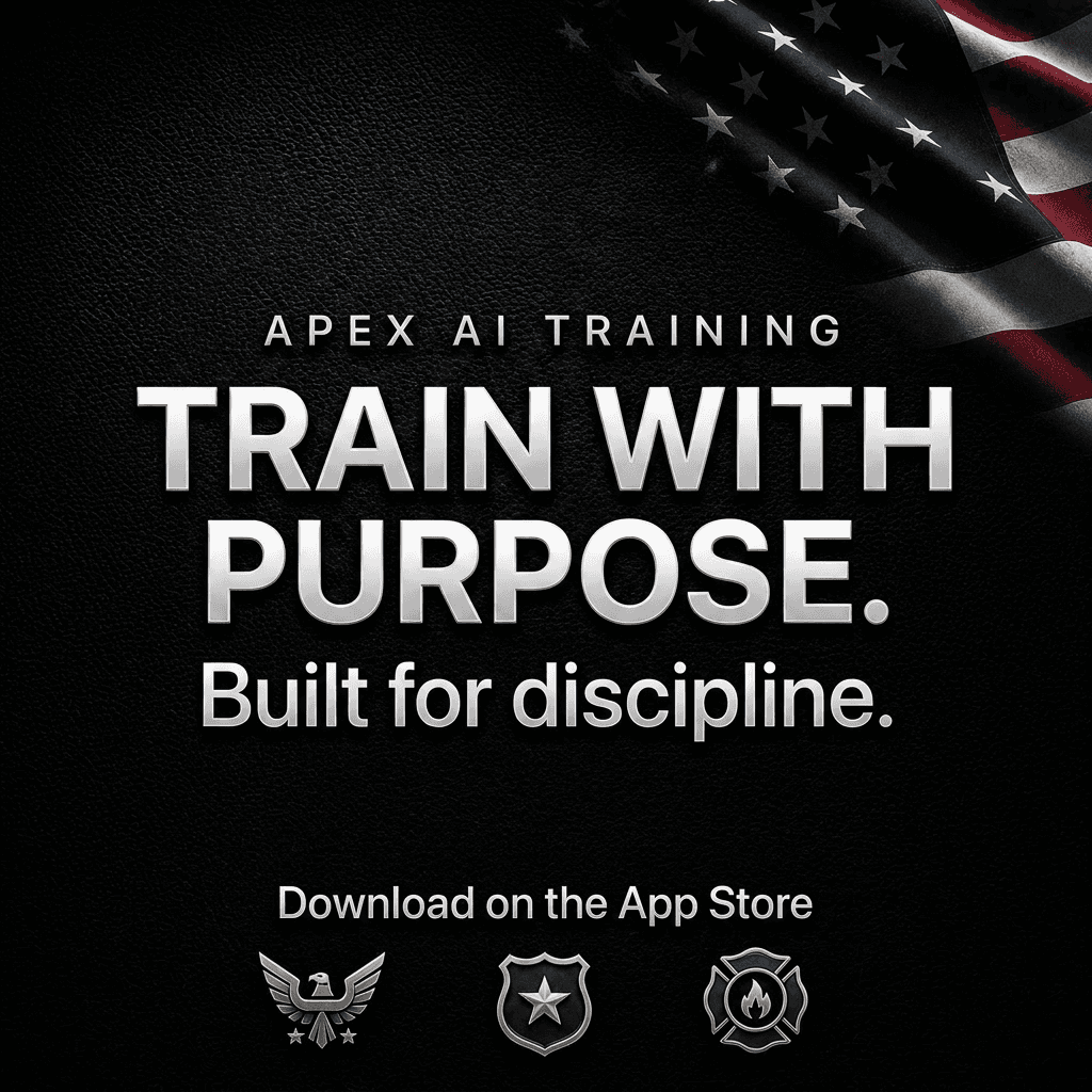 Promotional graphic for Apex AI Training app with American flag background and “Train With Purpose” slogan.