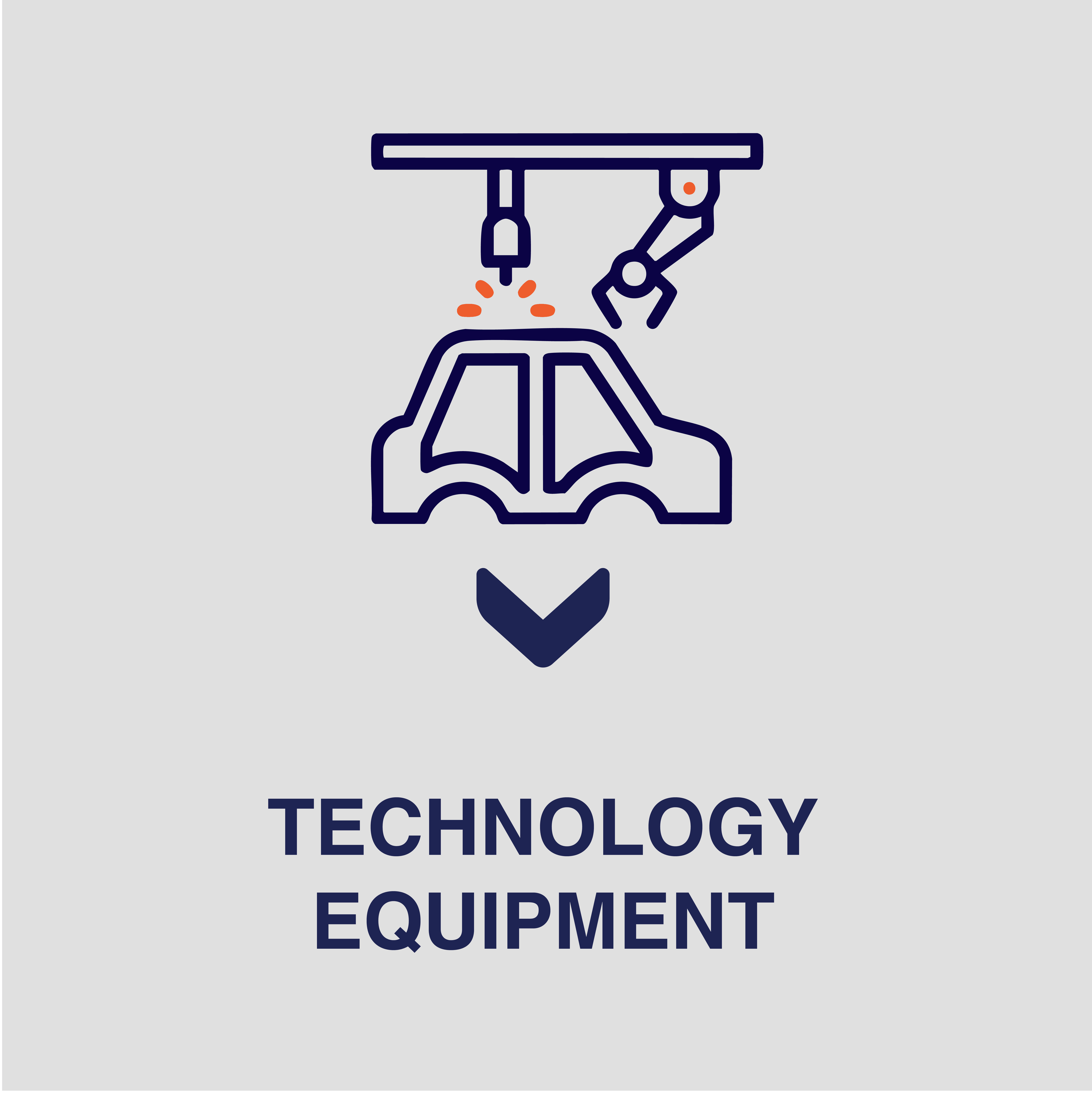 icon of a blue body being assembled on a white background with blue text that says technology equiptment