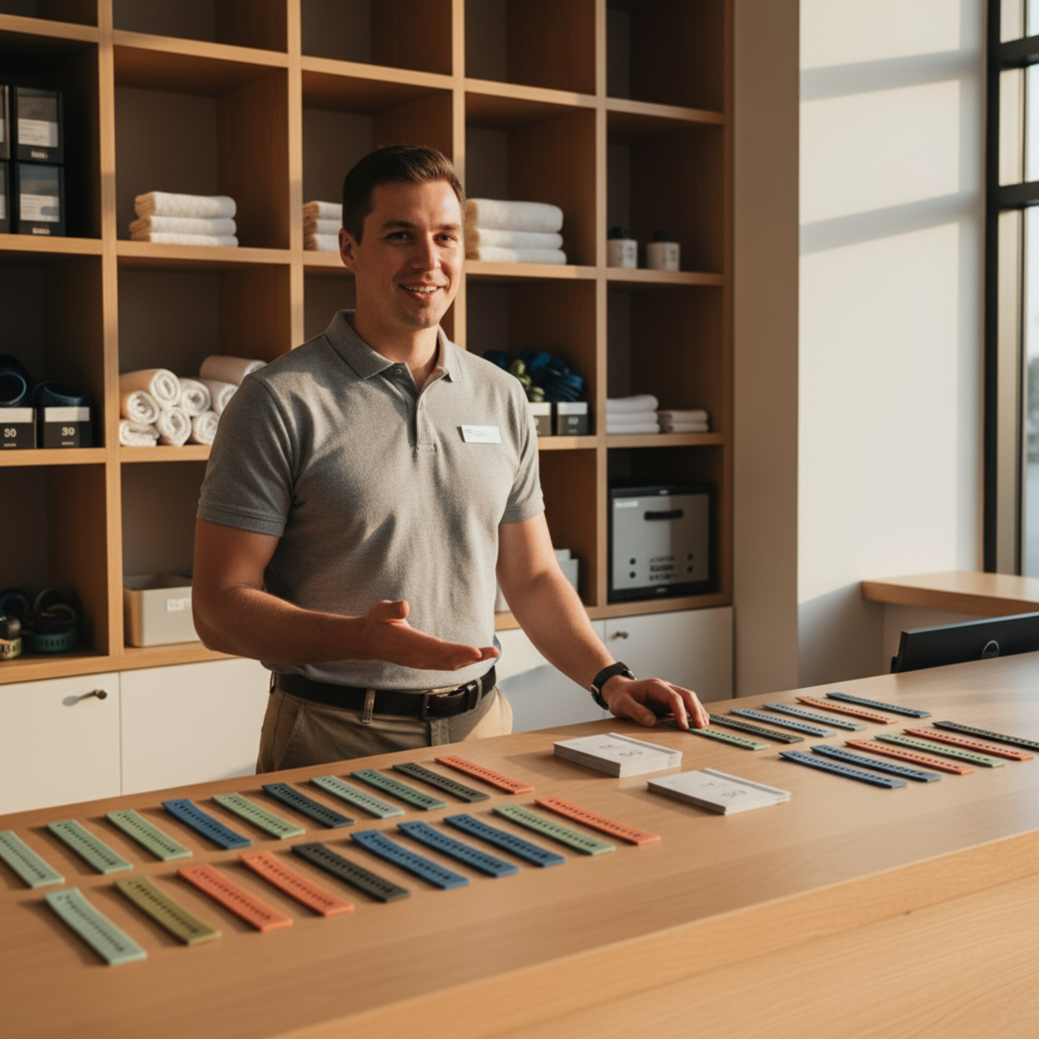 Am Tresen eines Sportcenters liegen sauber geordnete Mitgliedsbänder und schlichte Wertkarten. Eine Mitarbeiterin erklärt ruhig die Optionen, während warmes Nachmittagslicht durch das Fenster fällt. Das Regal im Hintergrund ist ordentlich bestückt. Alles wirkt transparent und fair.