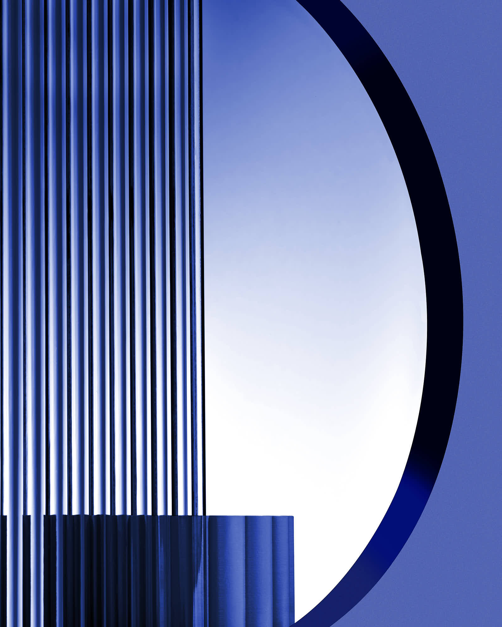 Abstract geometric design with blue vertical lines and circular shapes.