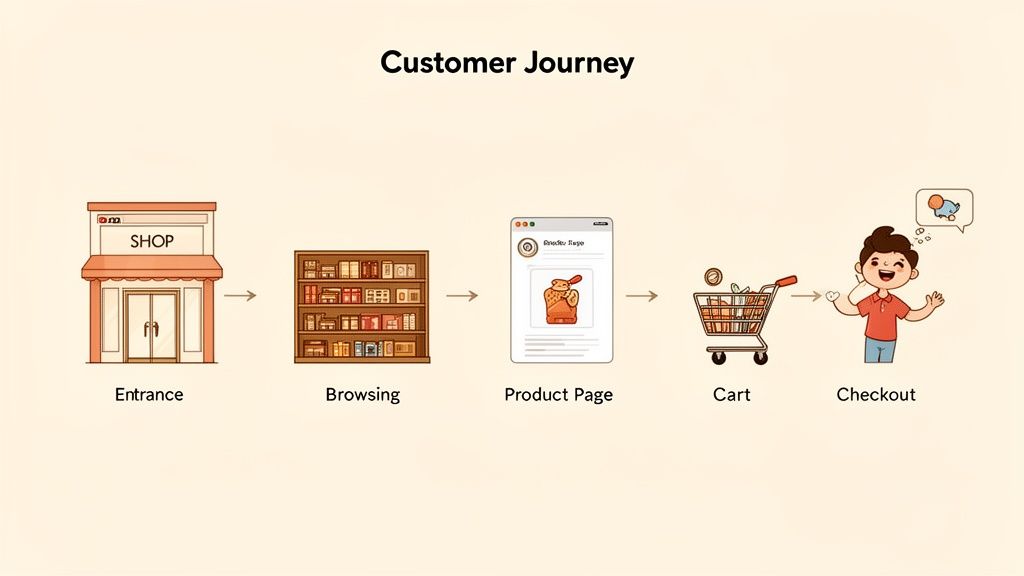 Illustration showing a customer journey through online shopping steps: entrance, browsing, product page, cart, and checkout.