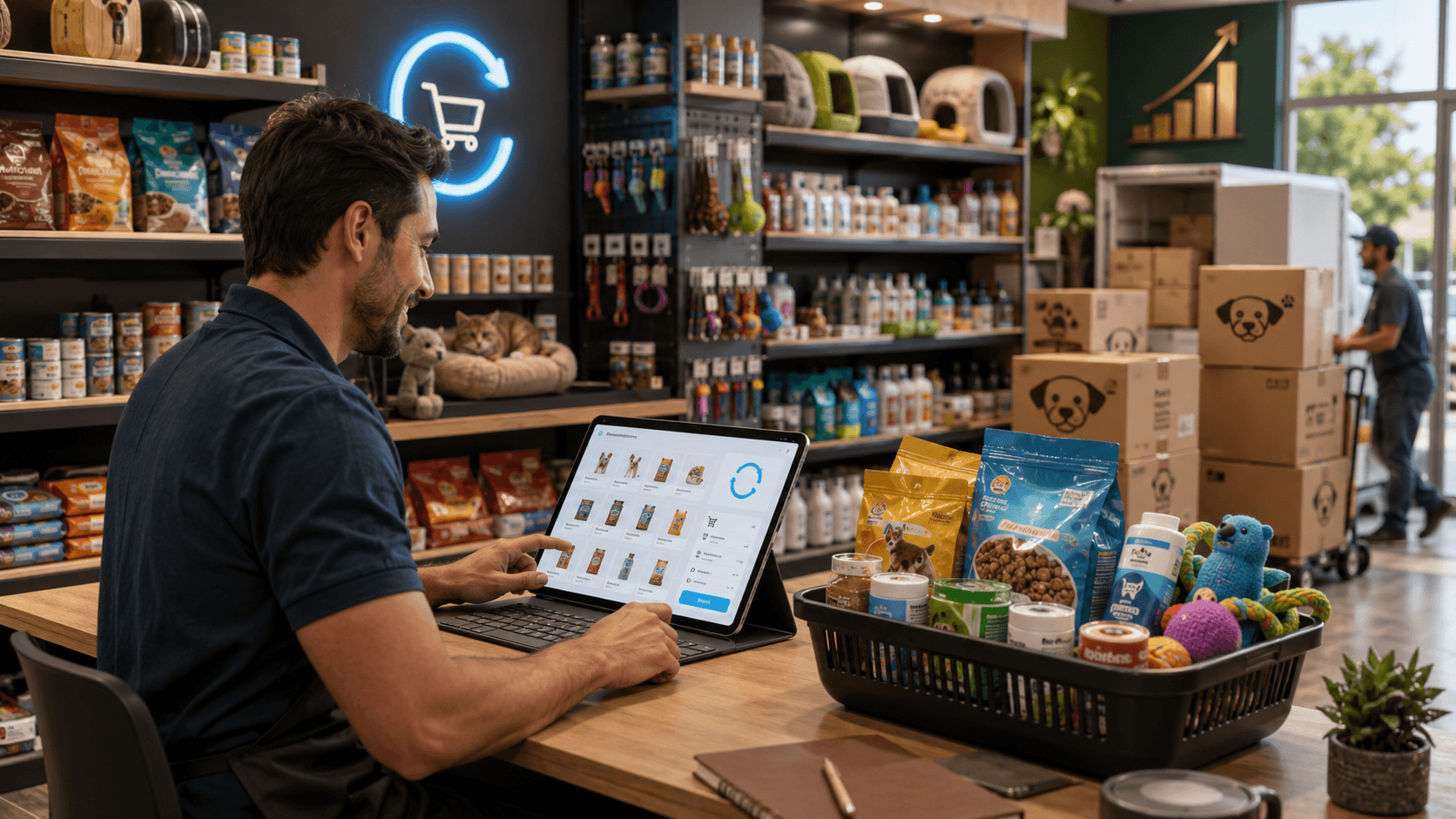 Homem usando um tablet para realizar um pedido digital dentro de um pet shop de bairro, cercado por prateleiras com rações, brinquedos e acessórios. Uma cesta com produtos pet padronizados aparece em primeiro plano, enquanto caixas de reposição e um entregador ao fundo representam pedidos recorrentes, abastecimento eficiente e crescimento das vendas B2B.