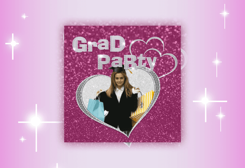 Glittery, nostalgic Y2K-style graduation party invitation from Legally Blonde movie with heart cutout.