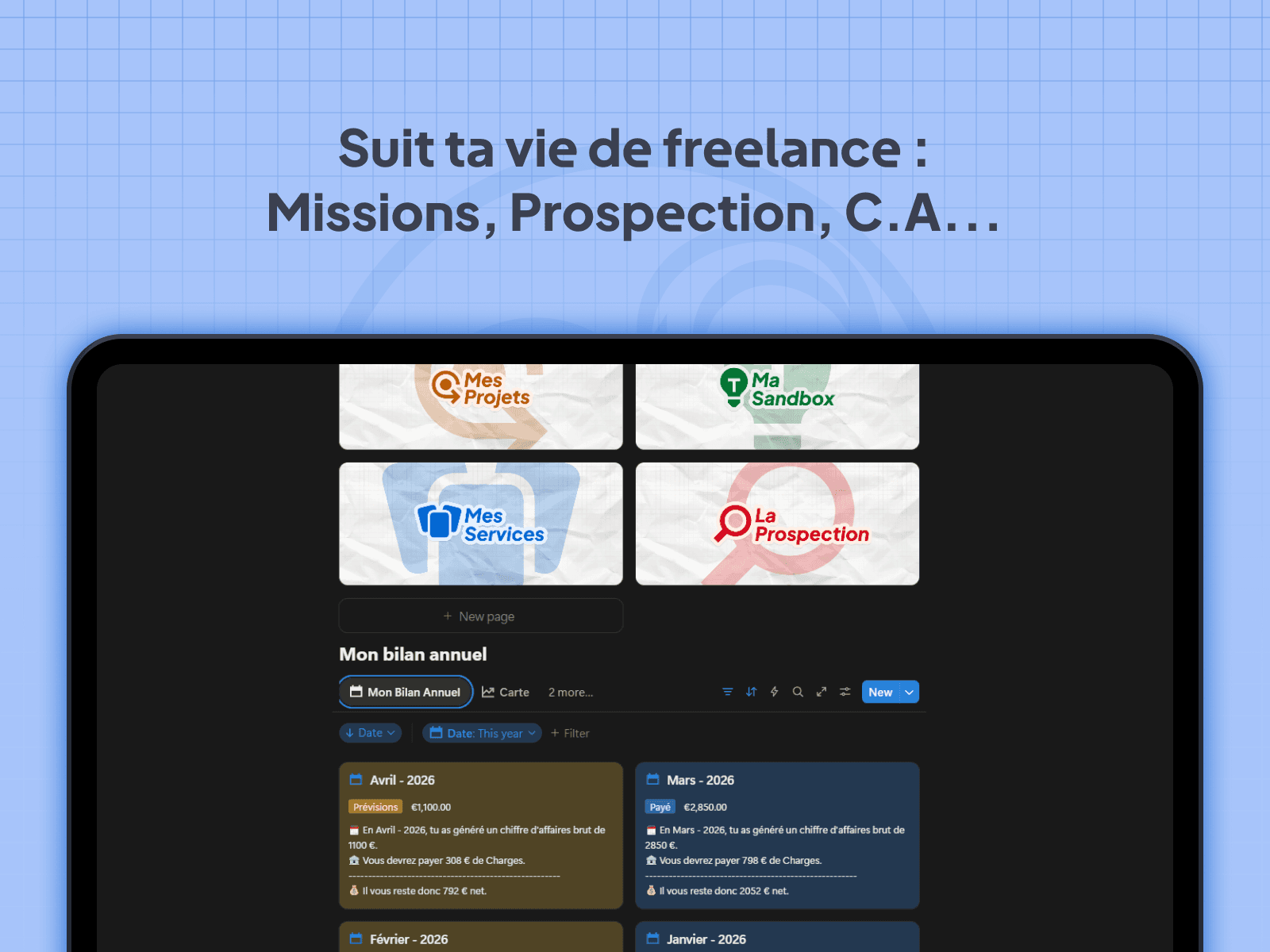 Template Dashboard freelance sur Notion créée par Ilies Manata, Ux / Ui Web Designer & Développeur Web Framer à Lille, freelance