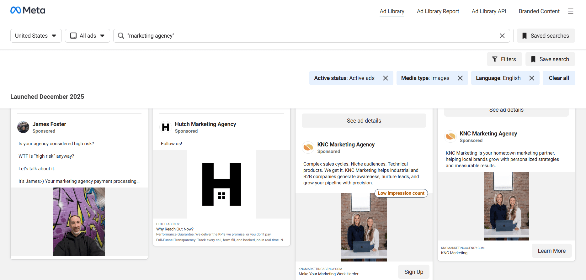Meta ad library interface displaying three marketing agency ads. The layout includes ad previews with text and images, targeting niche business needs.