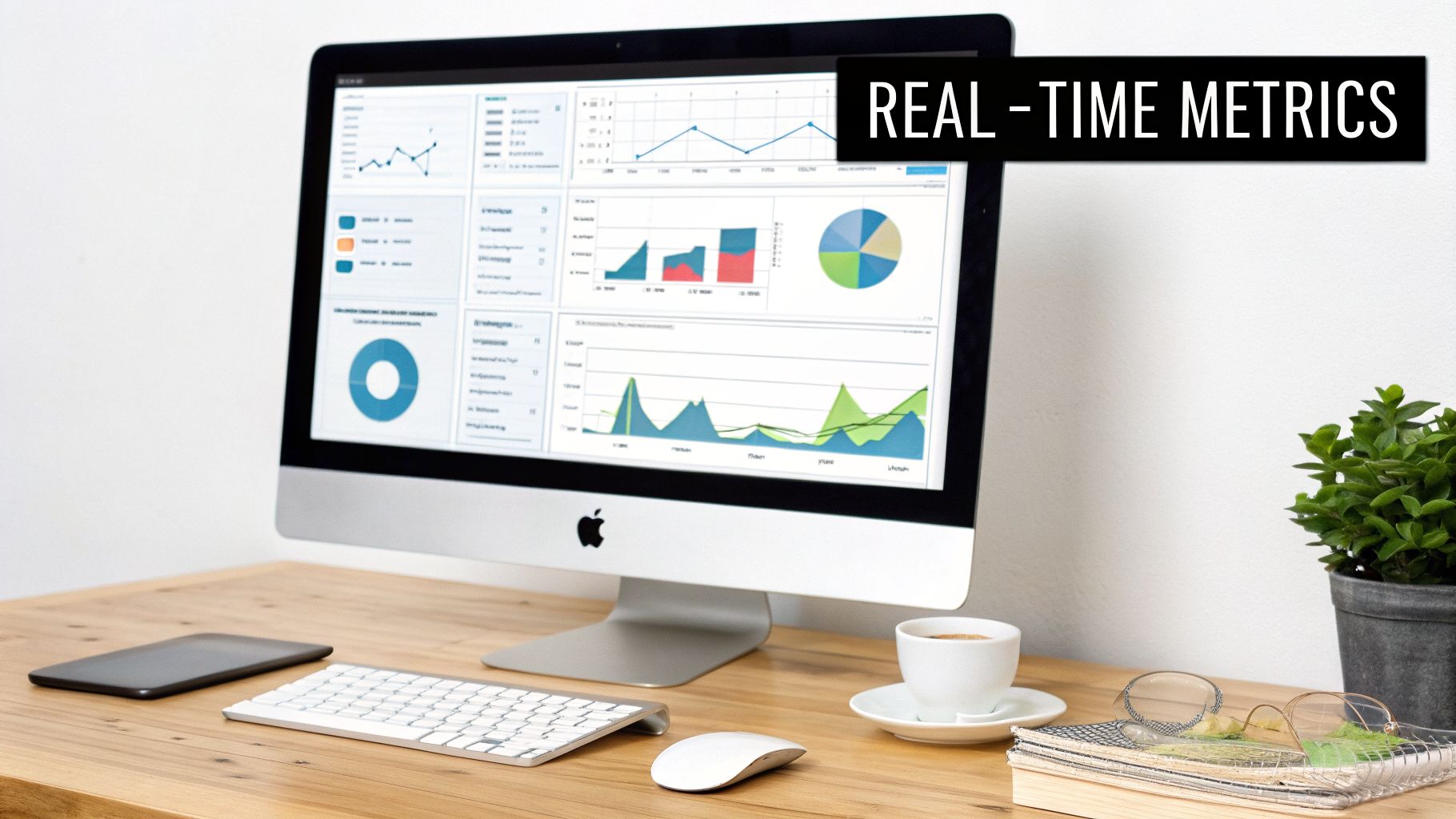 Modern workspace with an iMac displaying real-time metrics, charts, and data analysis on a wooden desk.