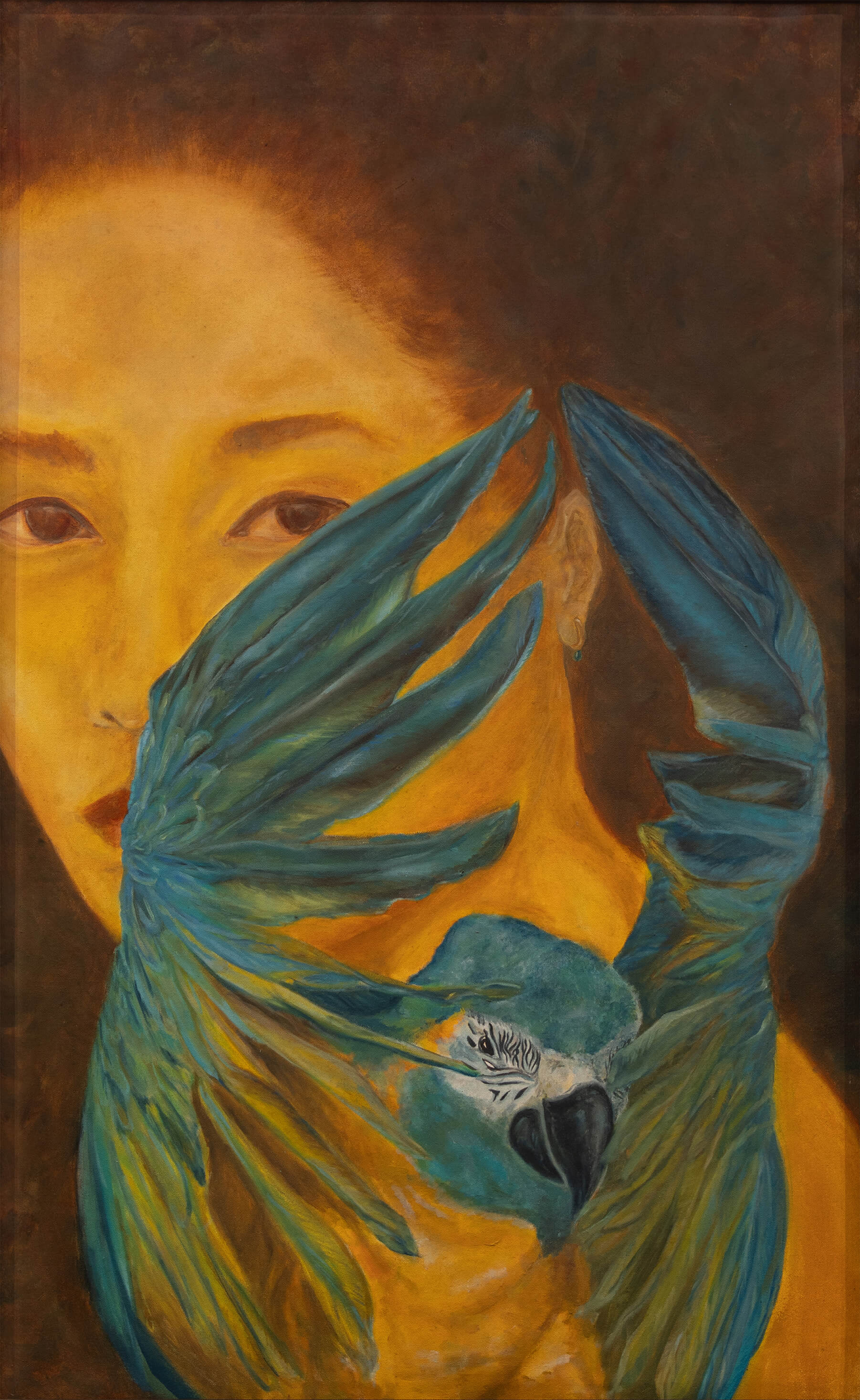Surreal painting of a woman’s face with blue-green bird wings and a parrot in the foreground.