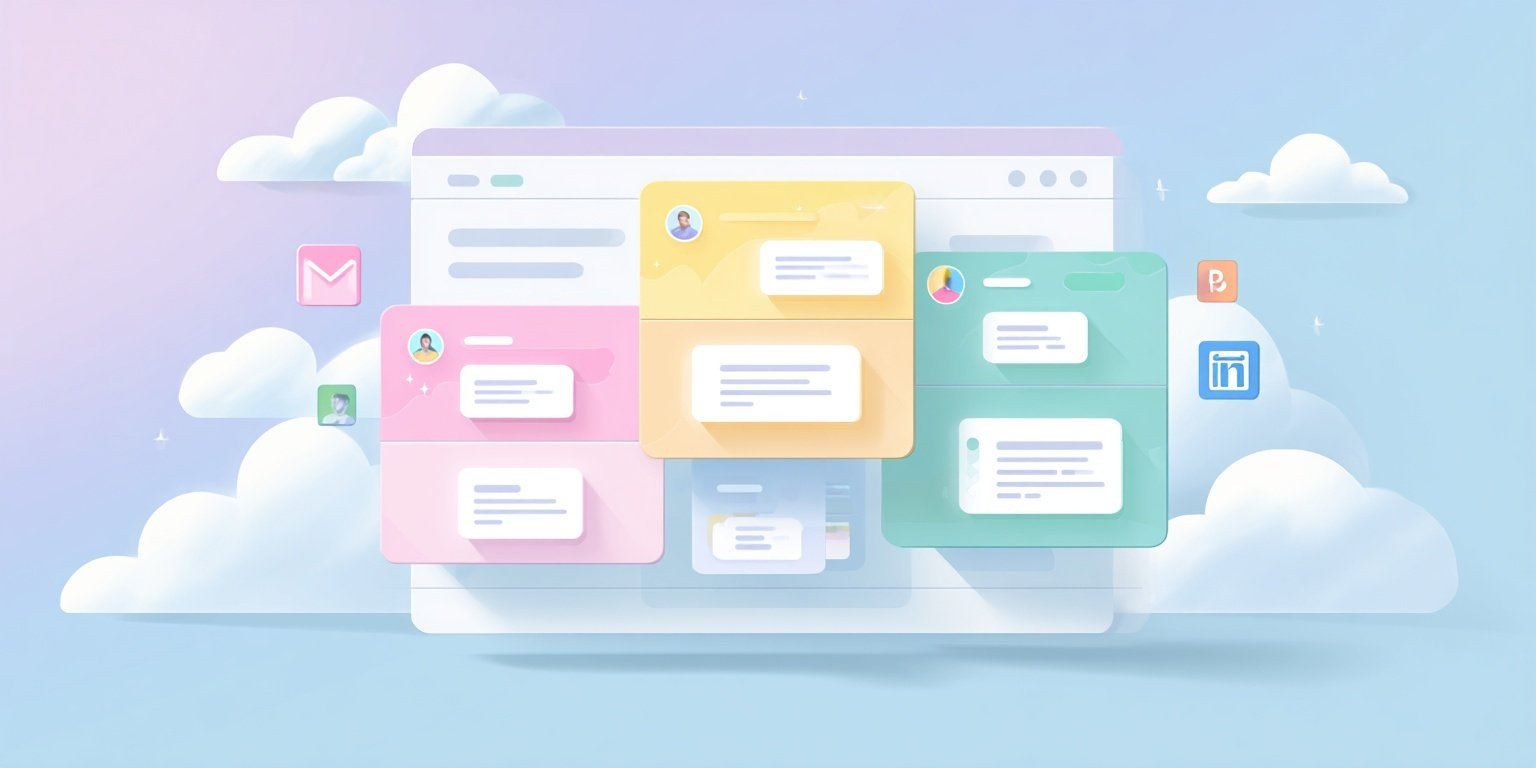 Minimal illustration of a dashboard where WhatsApp, email, and LinkedIn icons feed into one timeline.