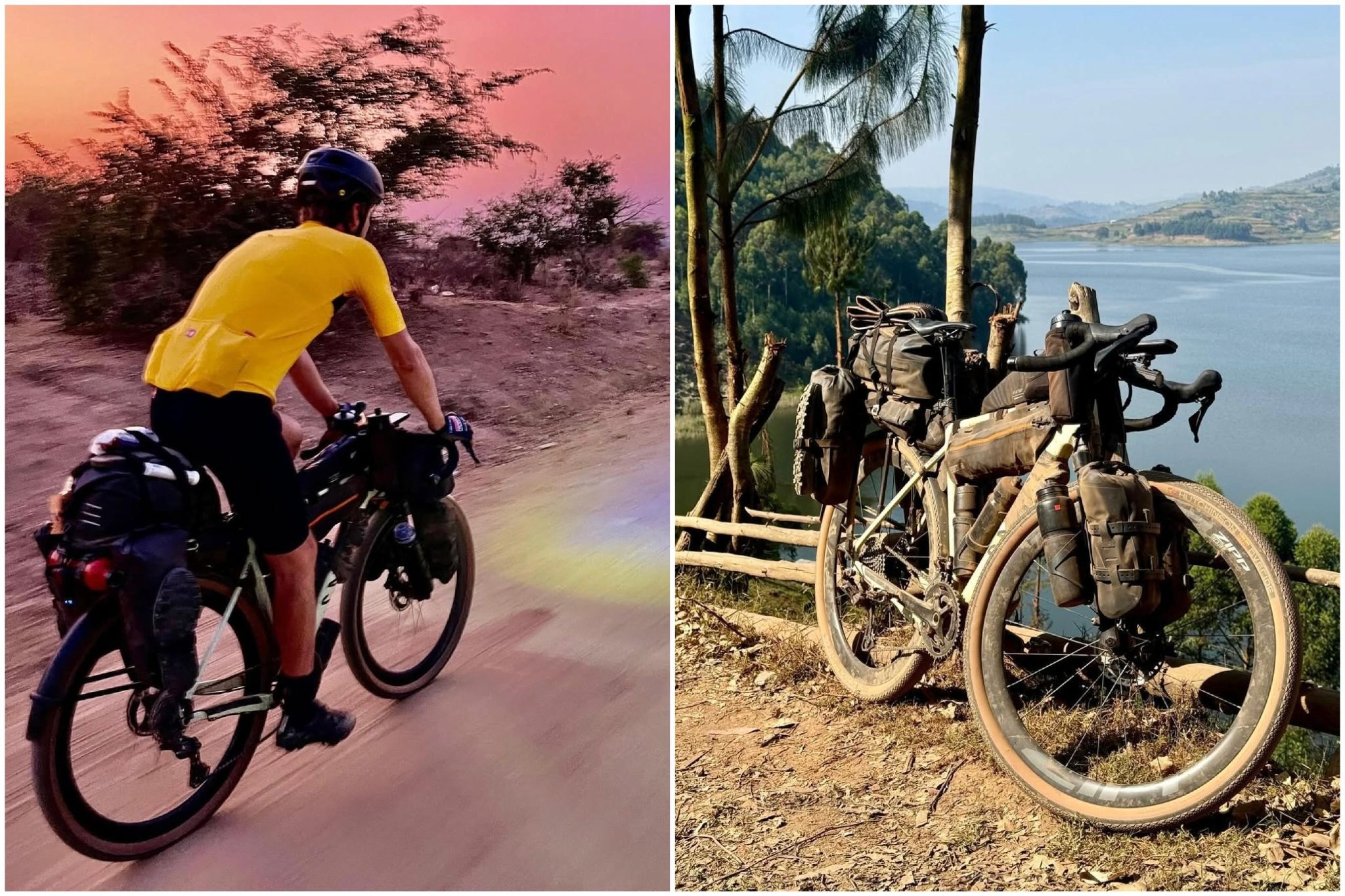 Two images: one of a man in a yellow jersey cycling off-road at dusk; the other of a mud-covered bike loaded with gear and parked in front of an African lake