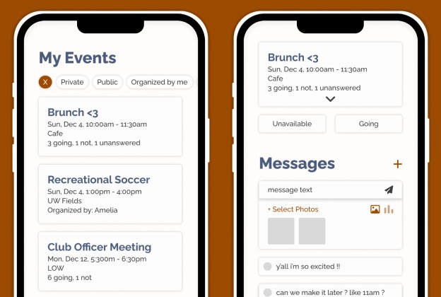 Two phone mock ups of the urplans app. The left shows the "My Events" page and the right a details page.