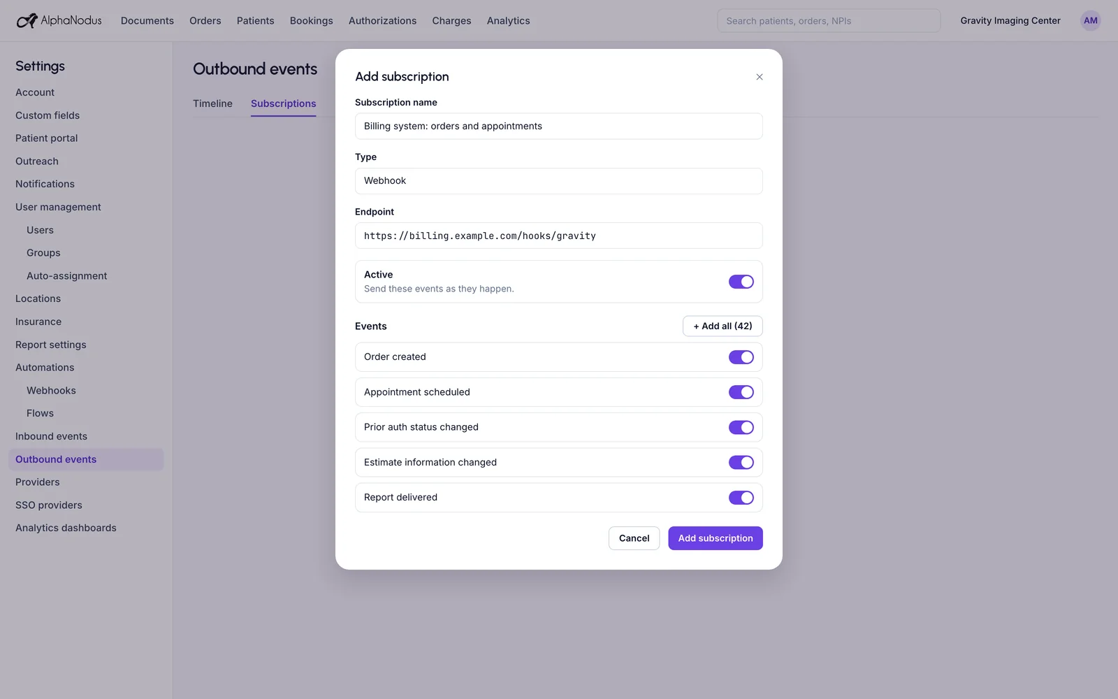 Gravity’s Add subscription dialog over the outbound events settings: a subscription name, a webhook endpoint, Active switched on, and five events chosen, from order created to report delivered