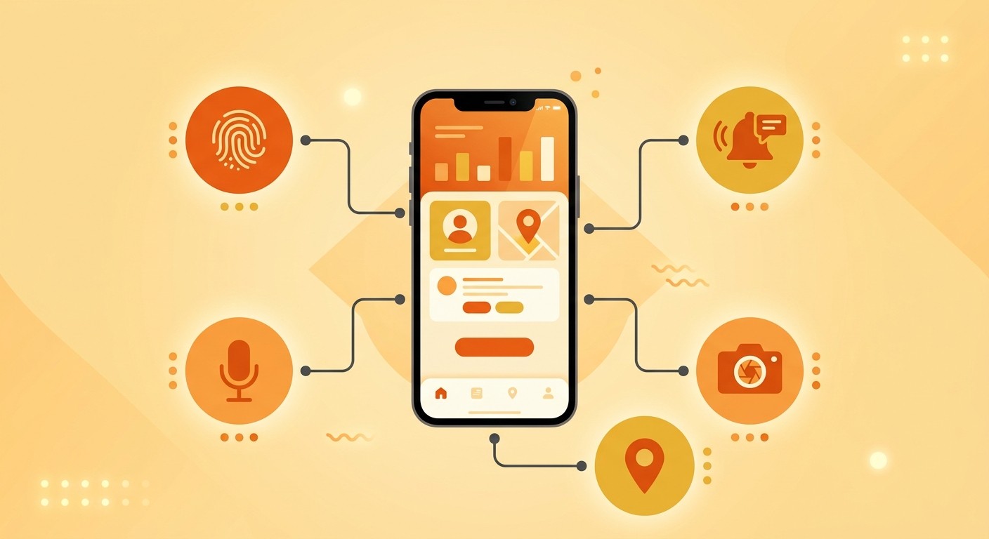 Smartphone surrounded by native hardware icons including camera, GPS, biometrics, and push notifications