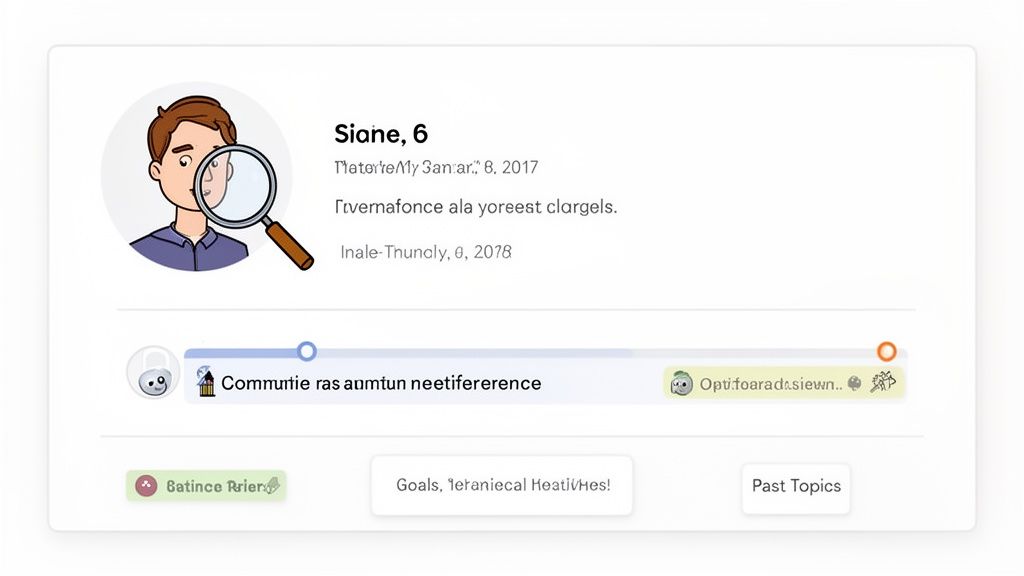 A user profile dashboard with a cartoon illustration, a progress bar, and placeholder text.