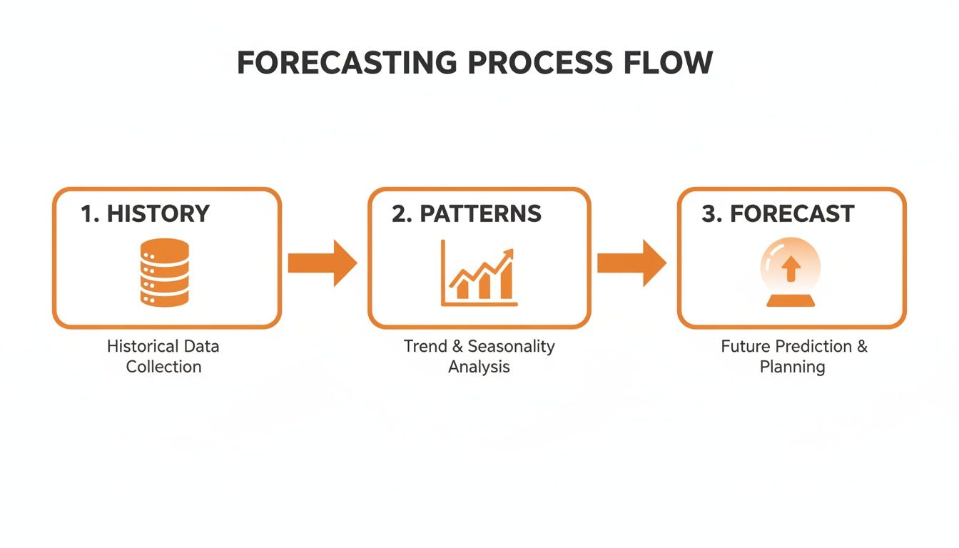 Flowchart illustrating the three-step forecasting process, from historical data collection to future prediction.