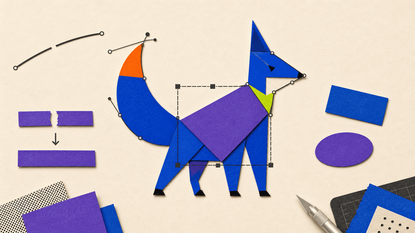 Geometric fox demonstrating vector selection, anchor-point editing, path splitting, erasing, and basic shape tools.