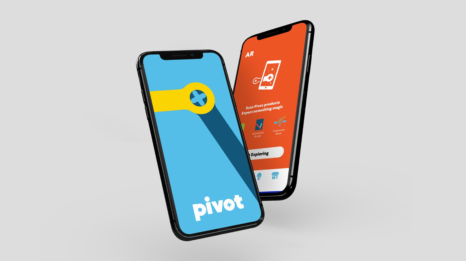 Two smartphones are displayed against a light gray background. The phone on the left is blue with a yellow wrench graphic and the text "pivot" at the bottom. The phone on the right is orange with a white icon and the text "Scan pivot products expect something magic" at the top.