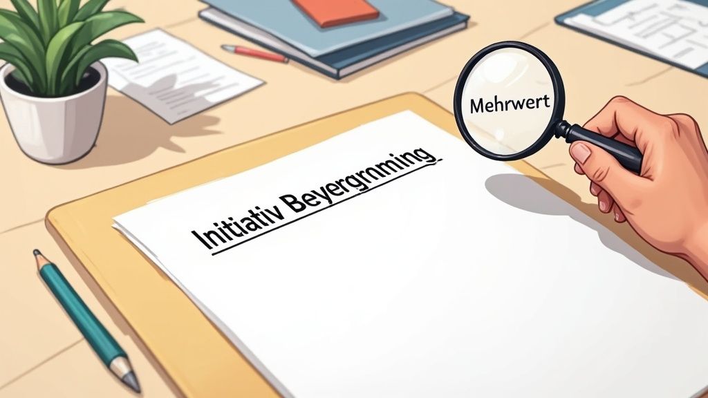 Eine Hand hält eine Lupe, die das Wort 'Mehrwert' hervorhebt, auf einem Dokument mit der Überschrift 'Initiativ Beyergroming'.