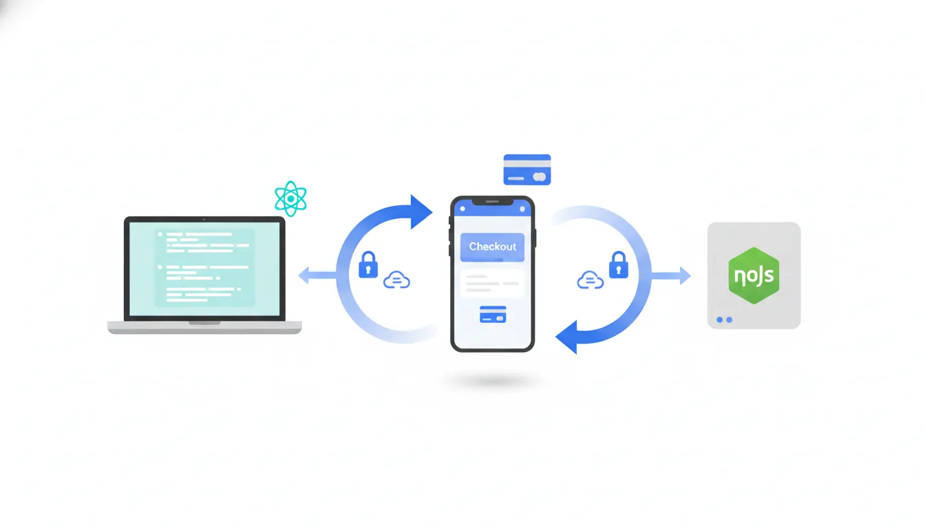 Vector illustration of Stripe Checkout integration flow between a React frontend (laptop) and a Node.js backend (server) with a mobile checkout, arrows, padlock and token icons conveying secure session creation