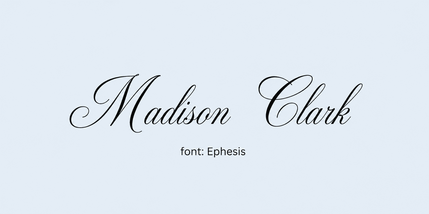 Sample name signed in a cursive signature font on a light background, with the font name labeled below.