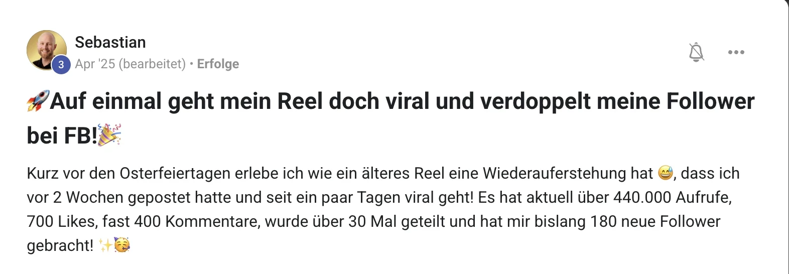 Erfahrungsbericht KI Creator Akademie: Sebastians Reel geht auf Facebook mit 440.000 Aufrufen viral