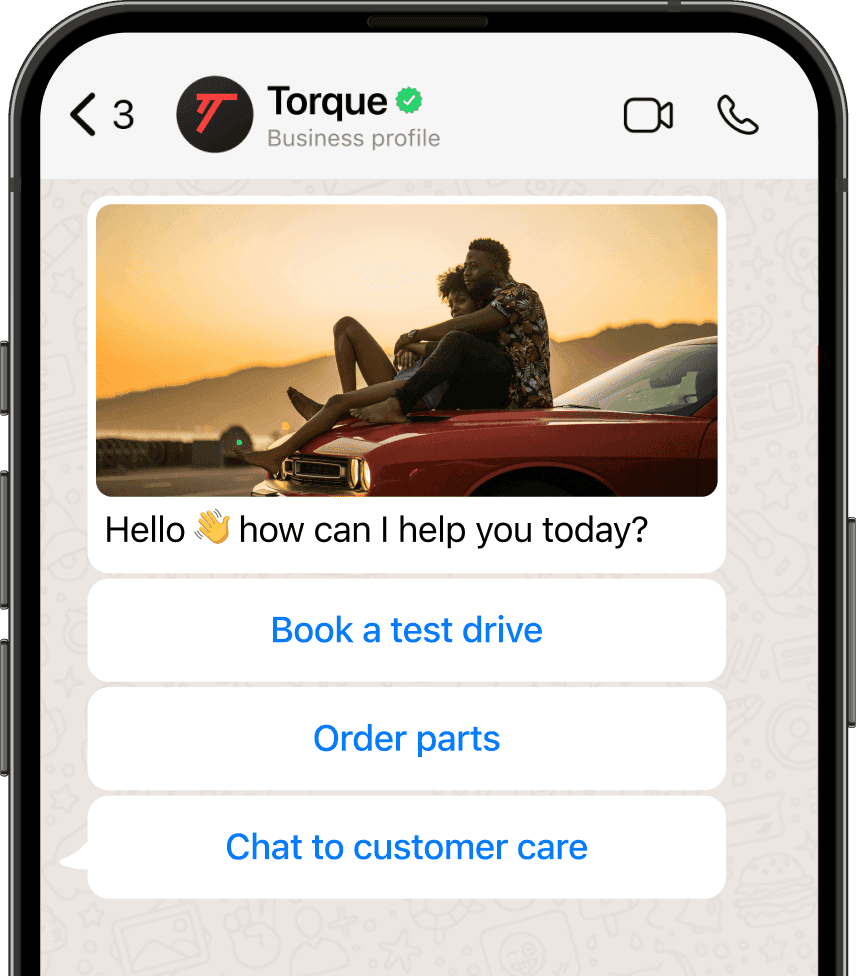 A WhatsApp menu offering book a test drive, order parts and chat to customer care