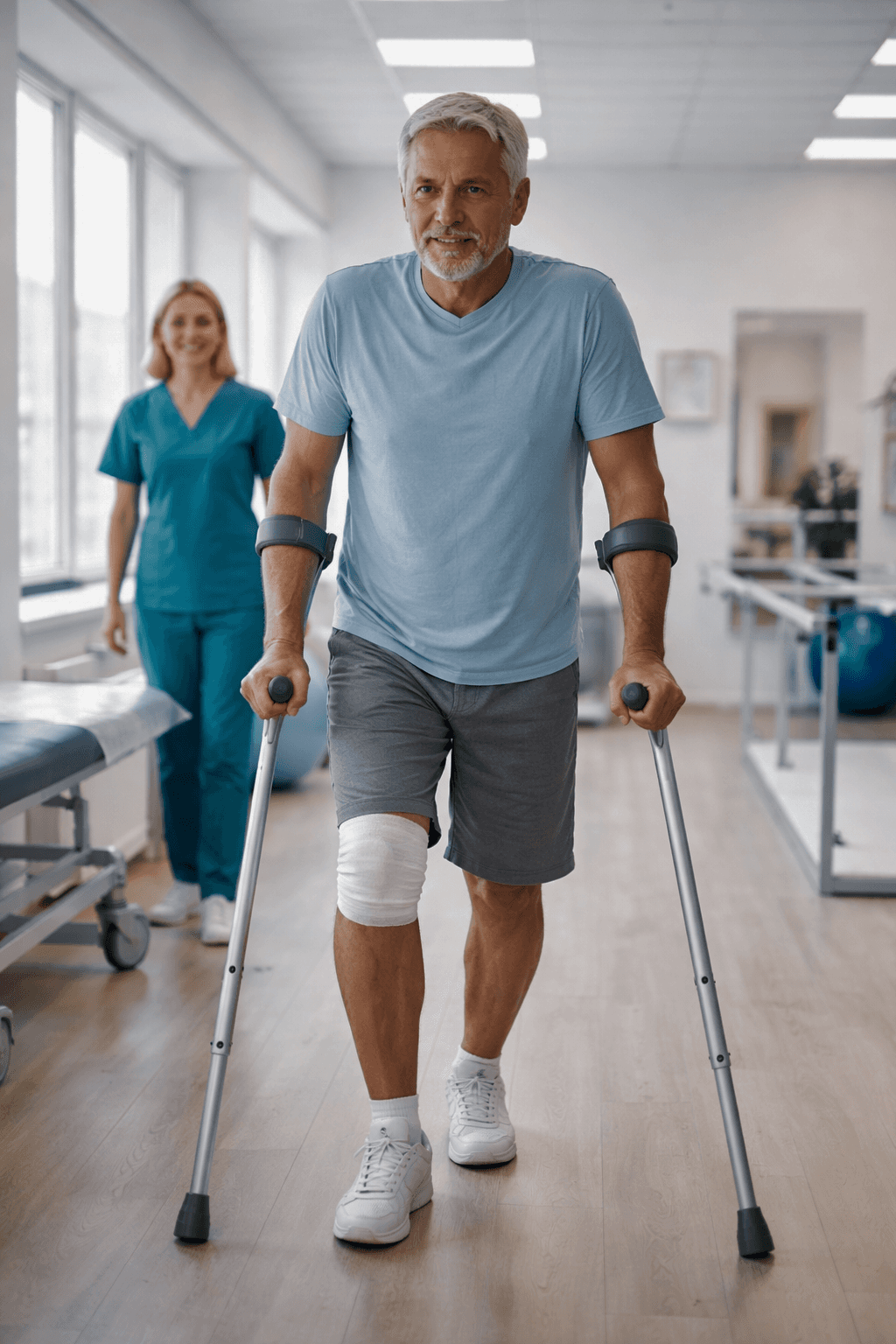 Patient walking with crutches during post-surgical rehabilitation
