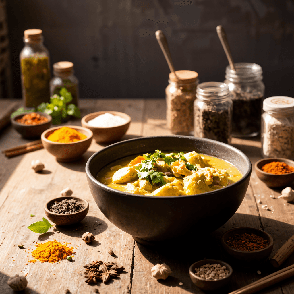 product photography of a bowl of green curry with chicken and vegetables