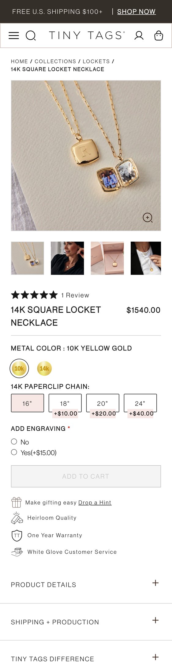 Jewelry product options include: necklace for 14k Square Locket Necklace from Tiny Tags.