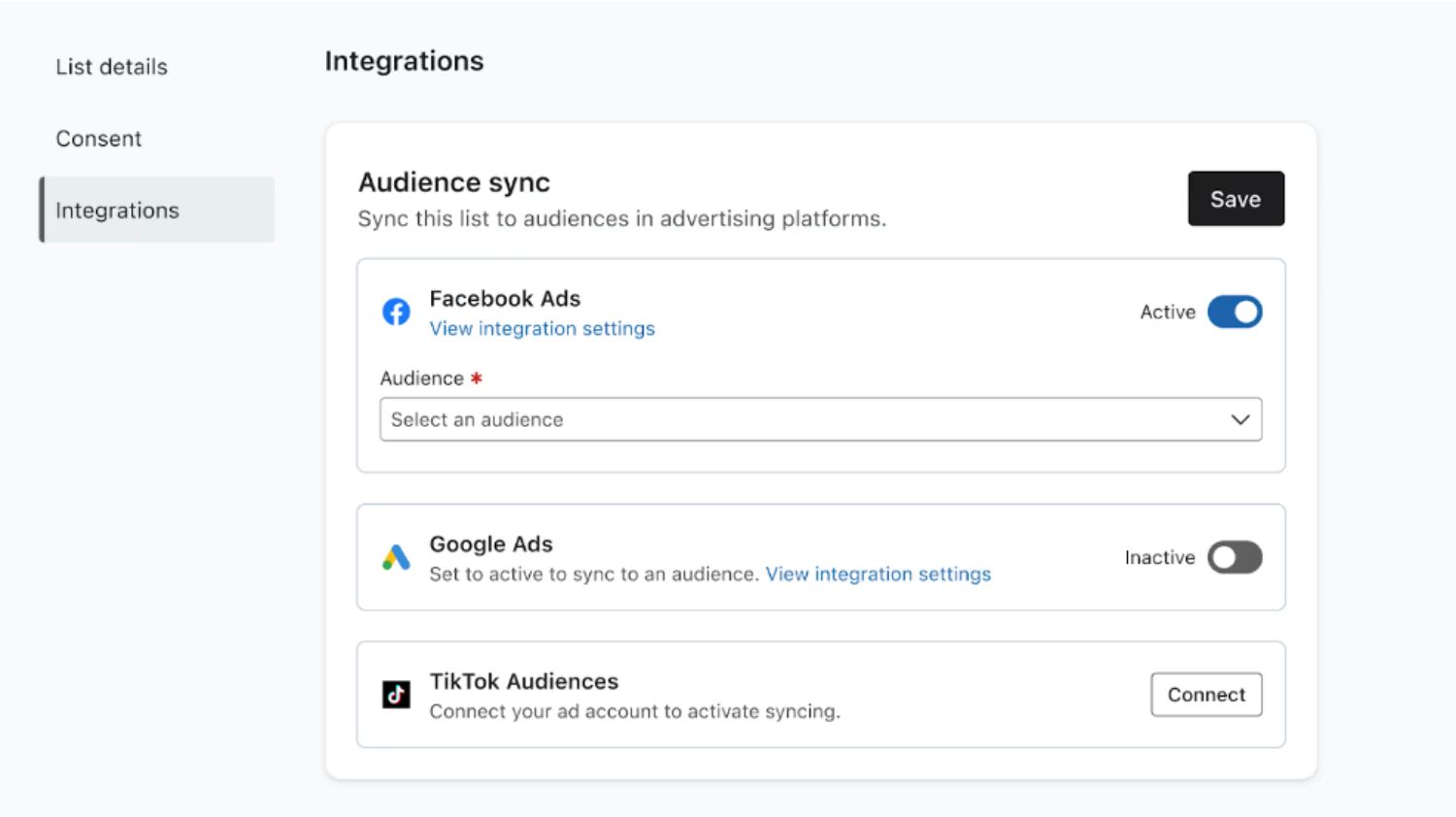 Manage Ad Integrations: A Klaviyo interface showing integration options for Facebook Ads, Google Ads, and TikTok Audiences.