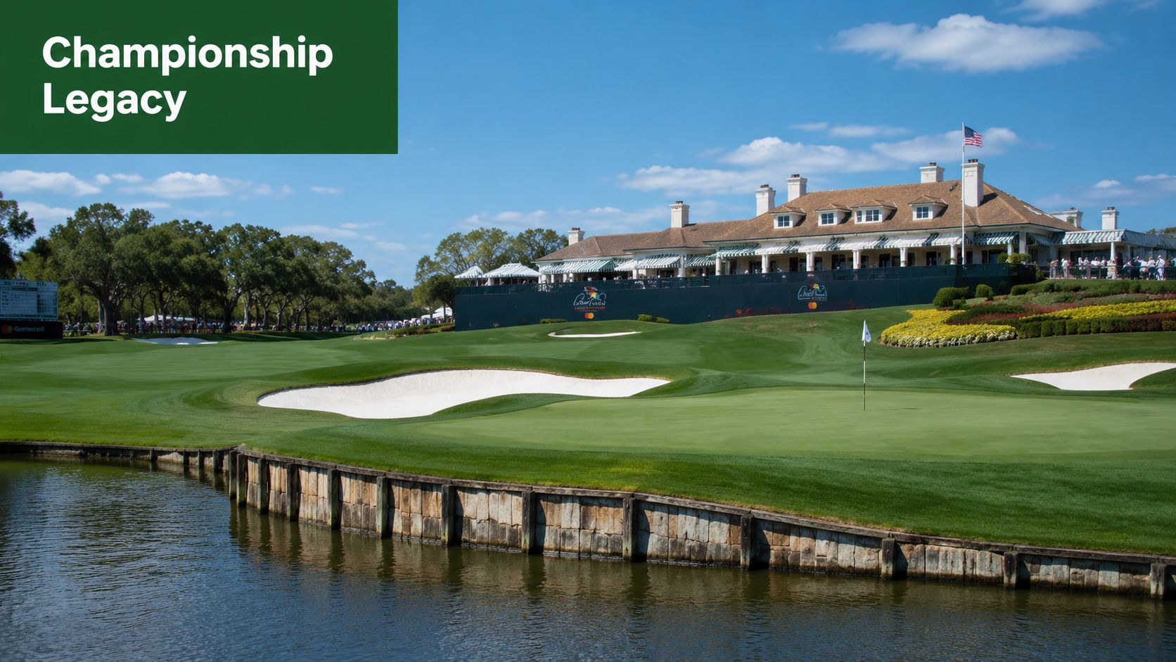 The 18th hole at Bay Hill Club and Lodge with a picturesque green, water hazard, and clubhouse.