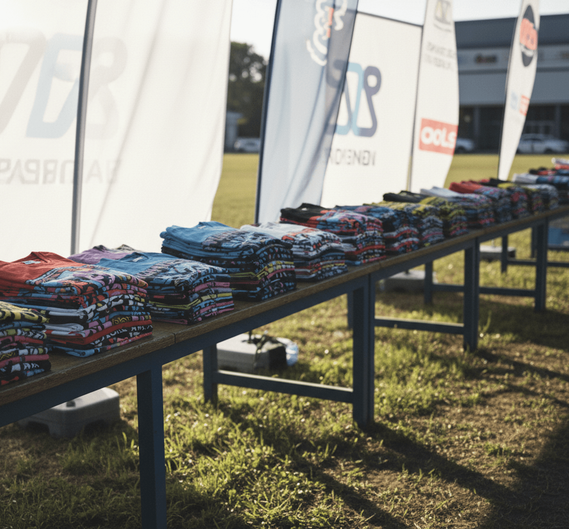 Event T shirts spread across the giveaway table at event