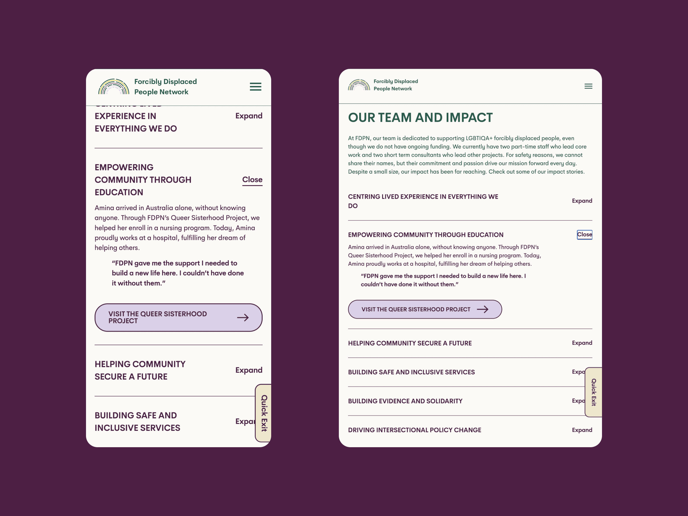 Two mobile screens displaying the Forcibly Displaced People Network website