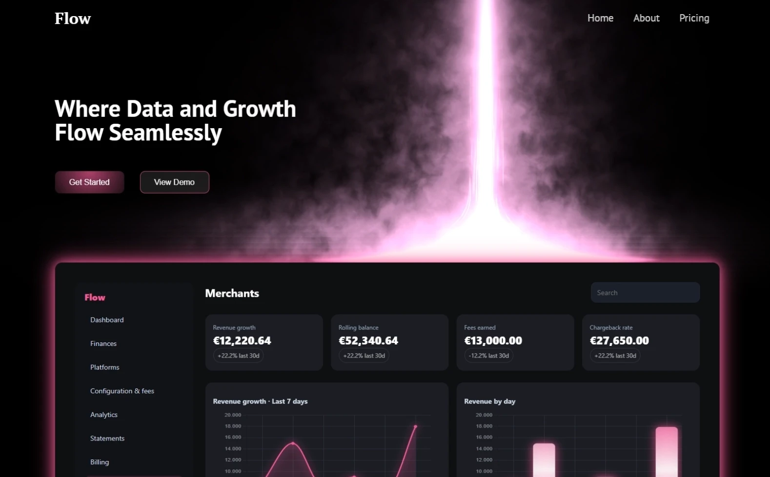 A high-tech dark-themed dashboard for 'Flow' displaying financial growth charts and metrics, illuminated by a striking vertical pink light beam.