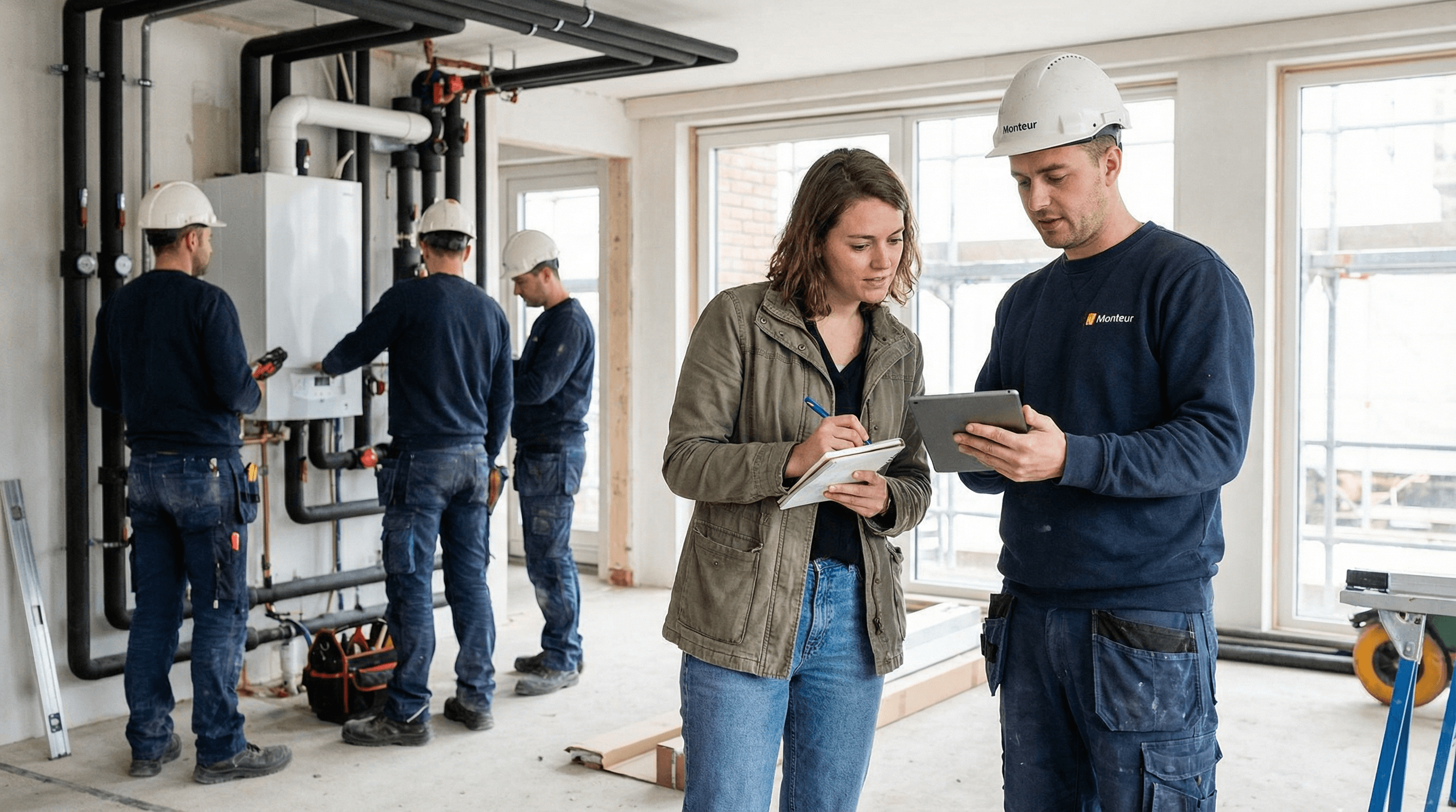 Zwei Personen mit Schutzhelmen besprechen sich in einem Rohbau, während im Hintergrund weitere Personen an Rohrleitungen arbeiten.