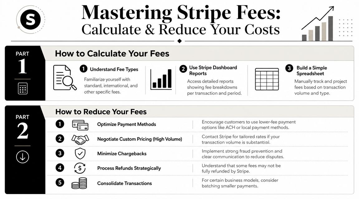 An infographic titled Mastering Stripe Fees outlining two parts on how to calculate and reduce payment costs.