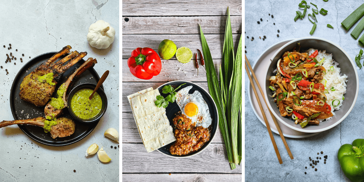 Three plated dishes show grilled lamb chops with green sauce, a flatbread with egg and spiced topping, and a stir fry with rice and vegetables