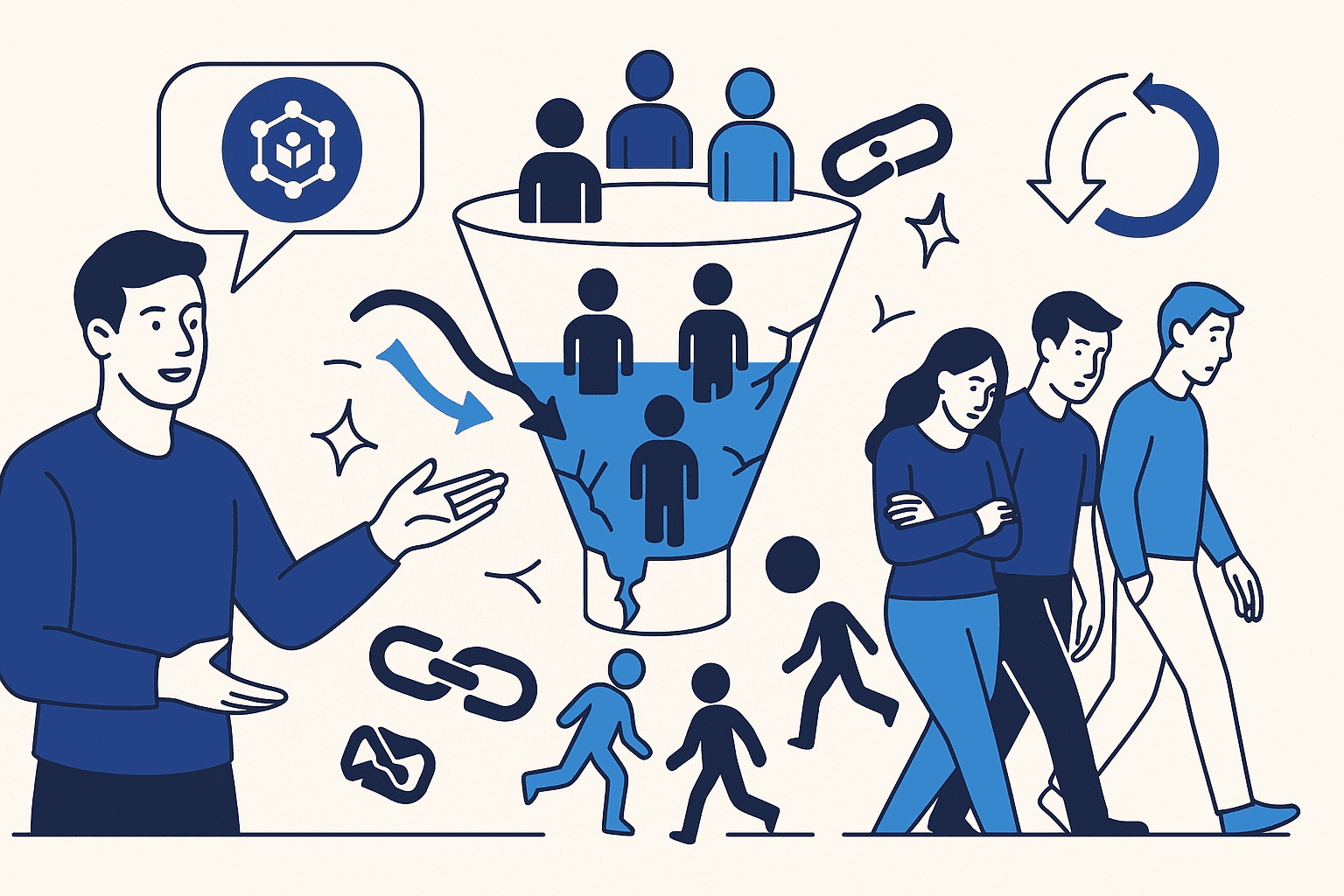 Illustration of people leaving the Web3 project because the Web3 funnel isn't working properly