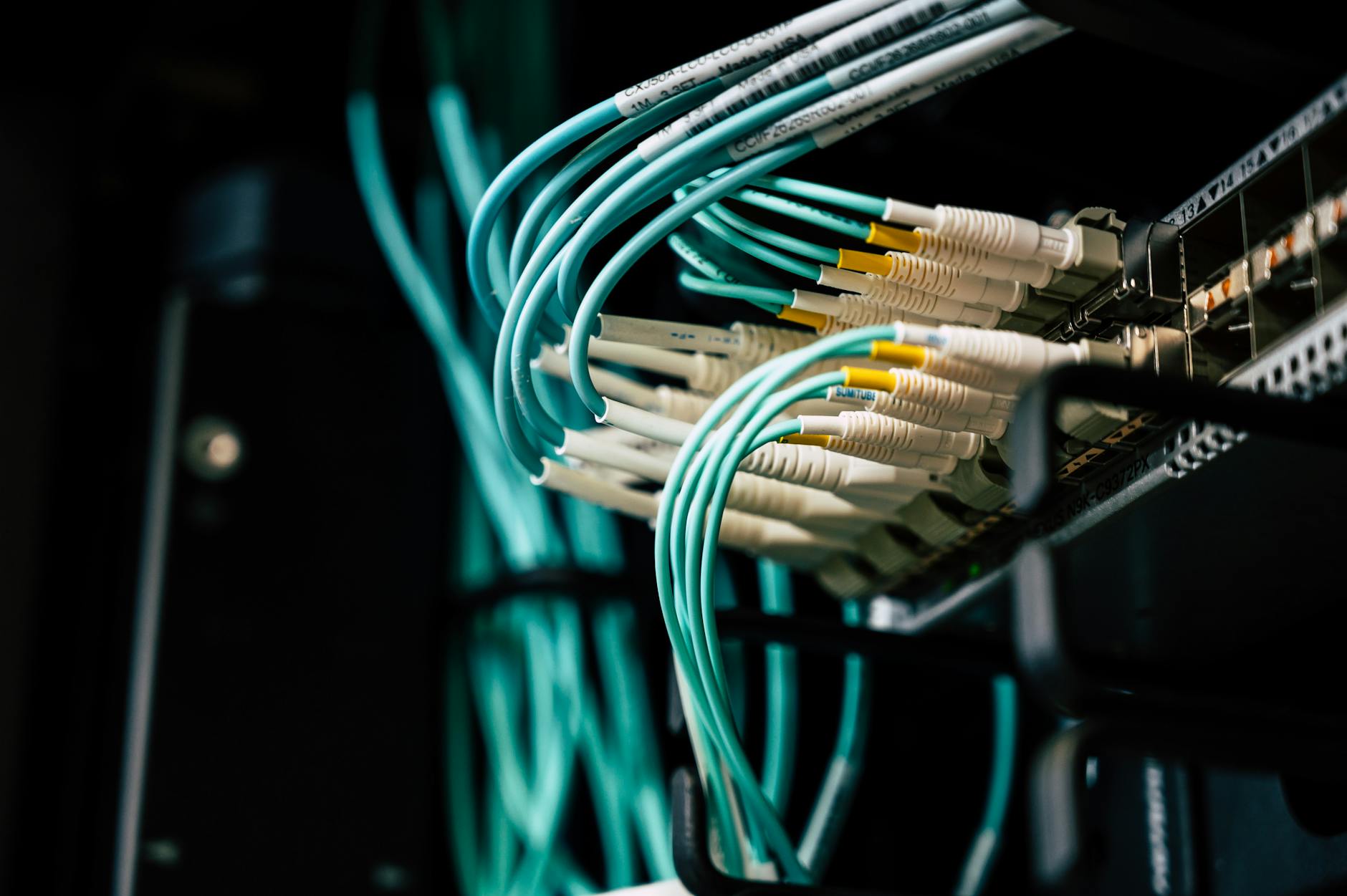 An IT technician organizes ethernet cables and server racks in a modern school data center.