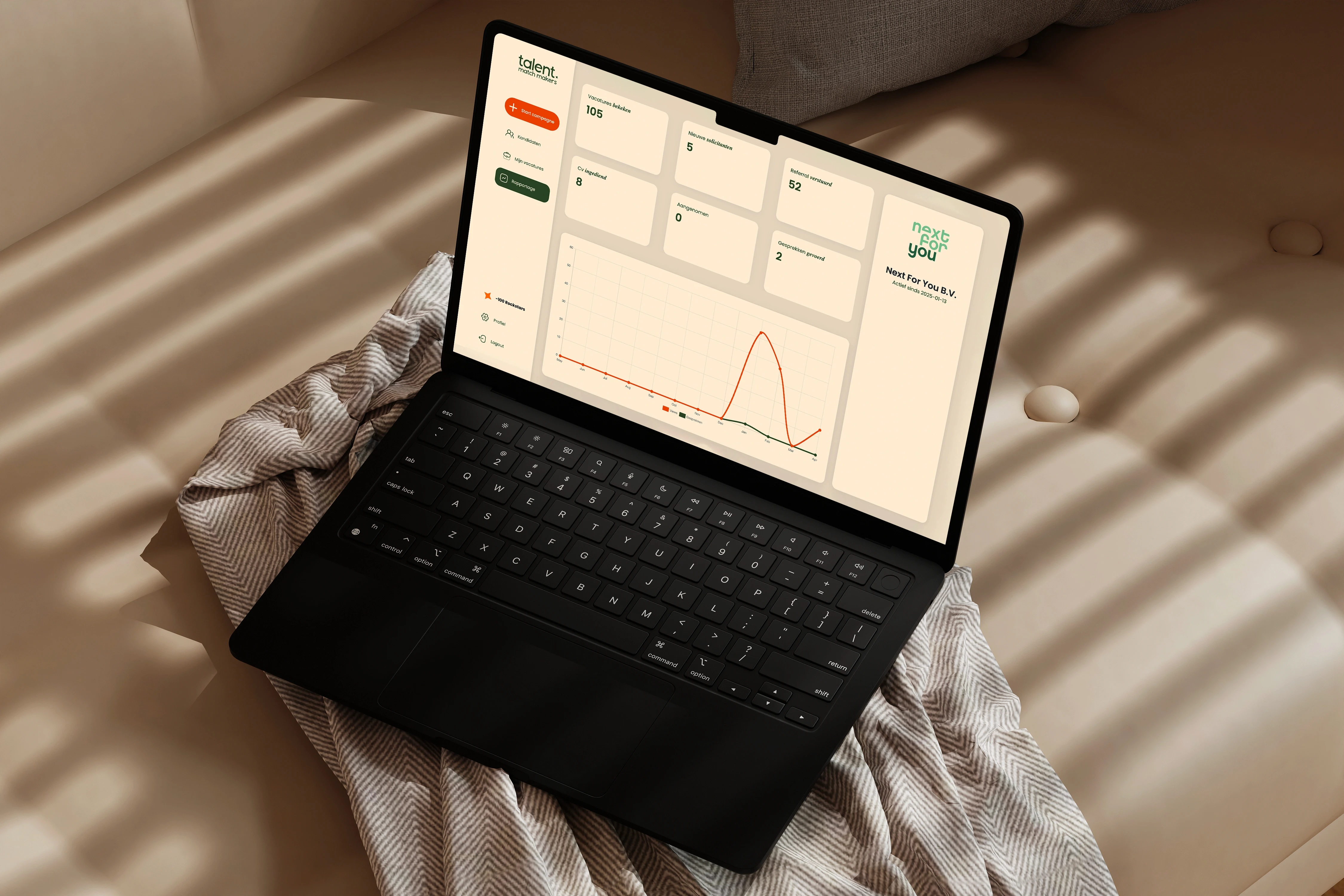 Modern bedroom with a unique brown bed and chair.