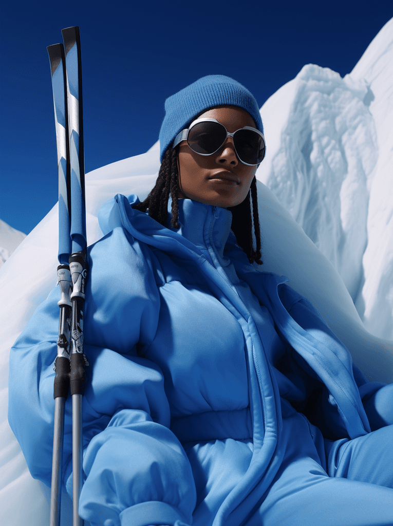 Two female models with ski apparel fully body action shot in magazine cover style