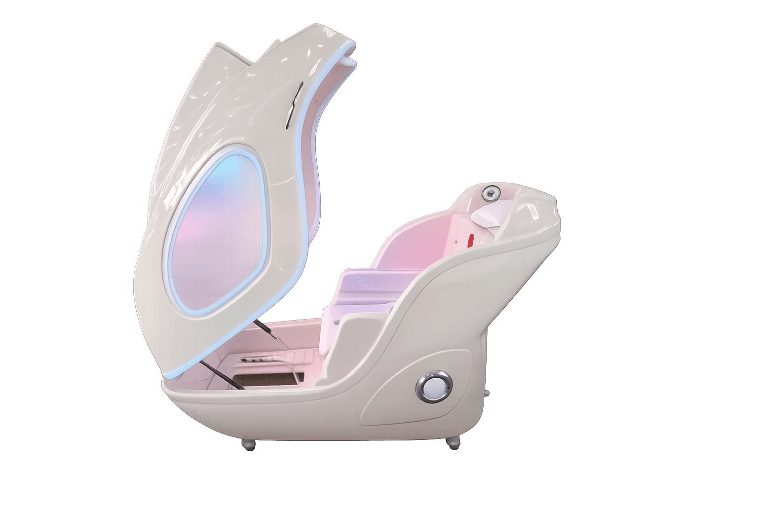 AuraO₃ Ascension Therapy Capsule open with LED chromotherapy lighting, hydraulic clamshell hatch, ergonomic interior seating, and locking caster wheels